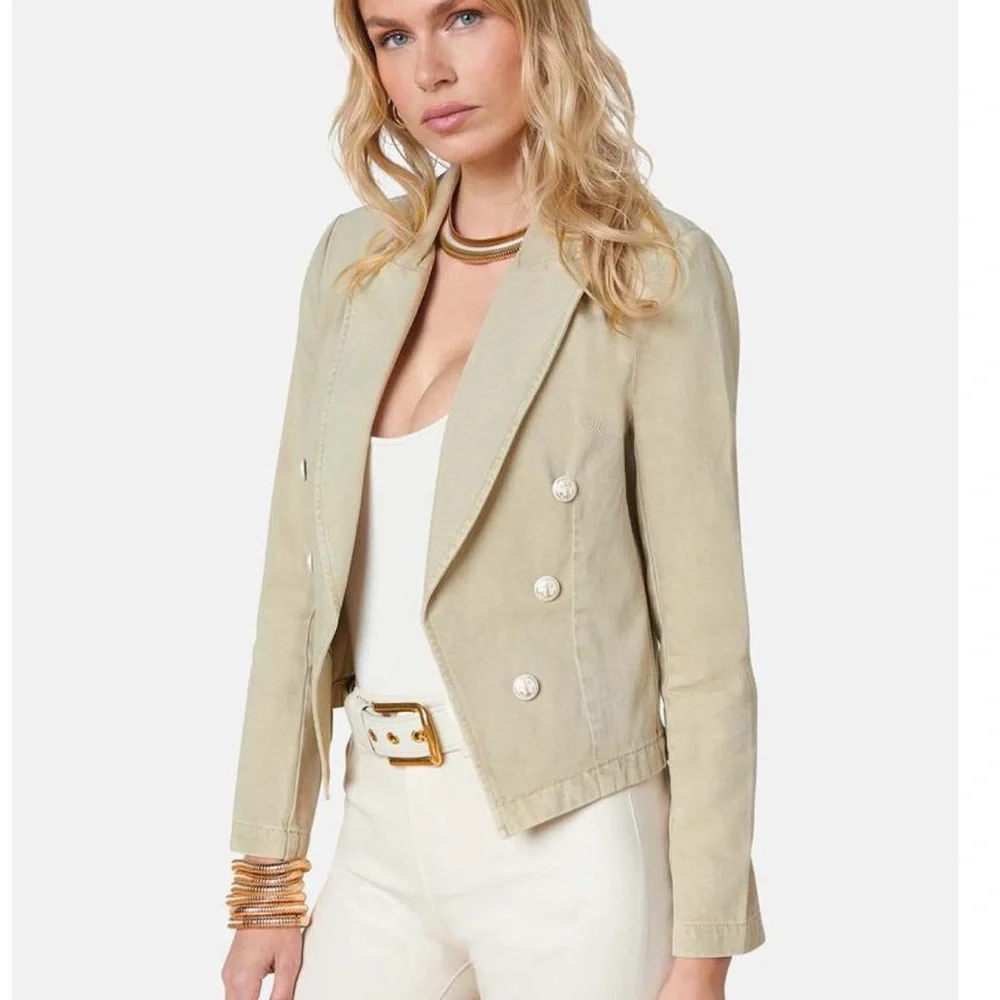 L’Agence Wayne Crop Double Breasted Denim Jacket Sand Dune Tan XXL